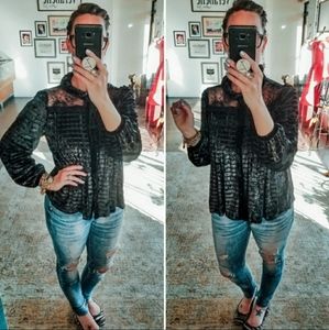 POL Black Velvet and Lace Long Sleeve Blouse